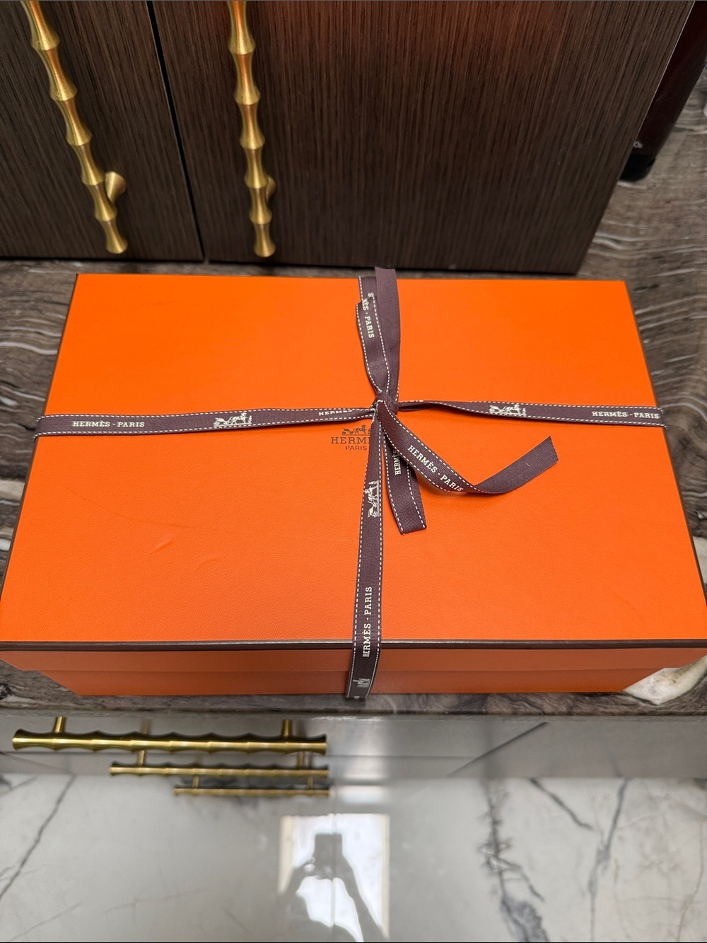 Hermès Orange Gift or Shoe Box with Brown Ribbon NEW